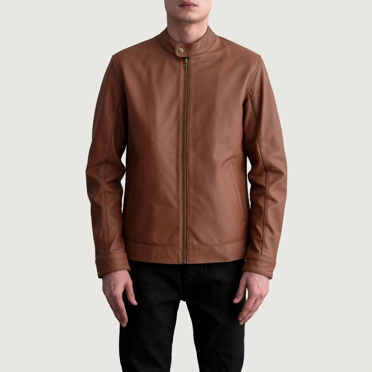 Zen Matte 棕色 真皮机车夹克 男士 - Lateral Side Profile View Showing Sleeve Cut &amp; Athletic Taper Fit