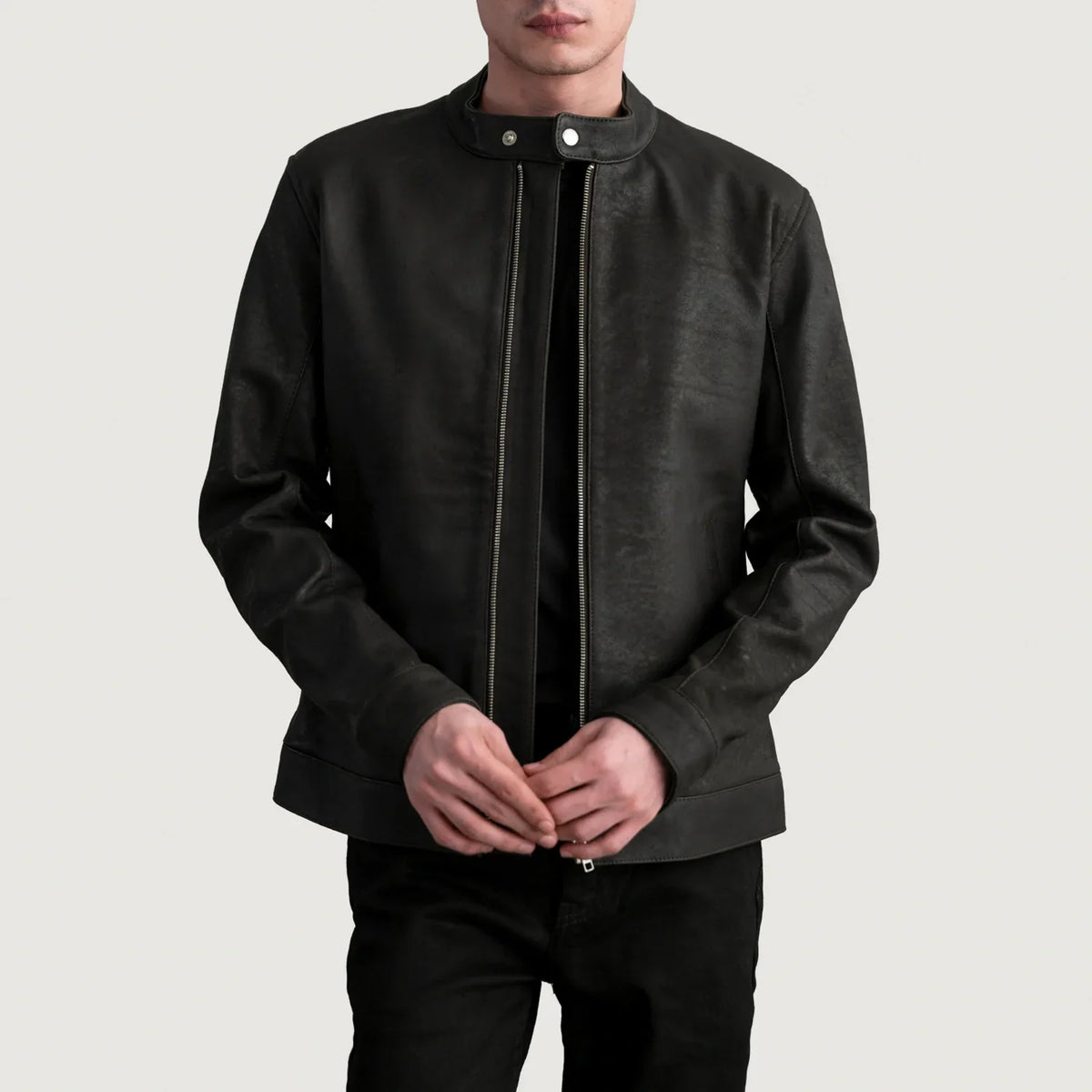 Zen Tumbled 棕色 真皮机车夹克 男士 in Tumbled Brown Sheepskin Leather - Front Profile View &amp; Tailored Silhouette | Buy Online
