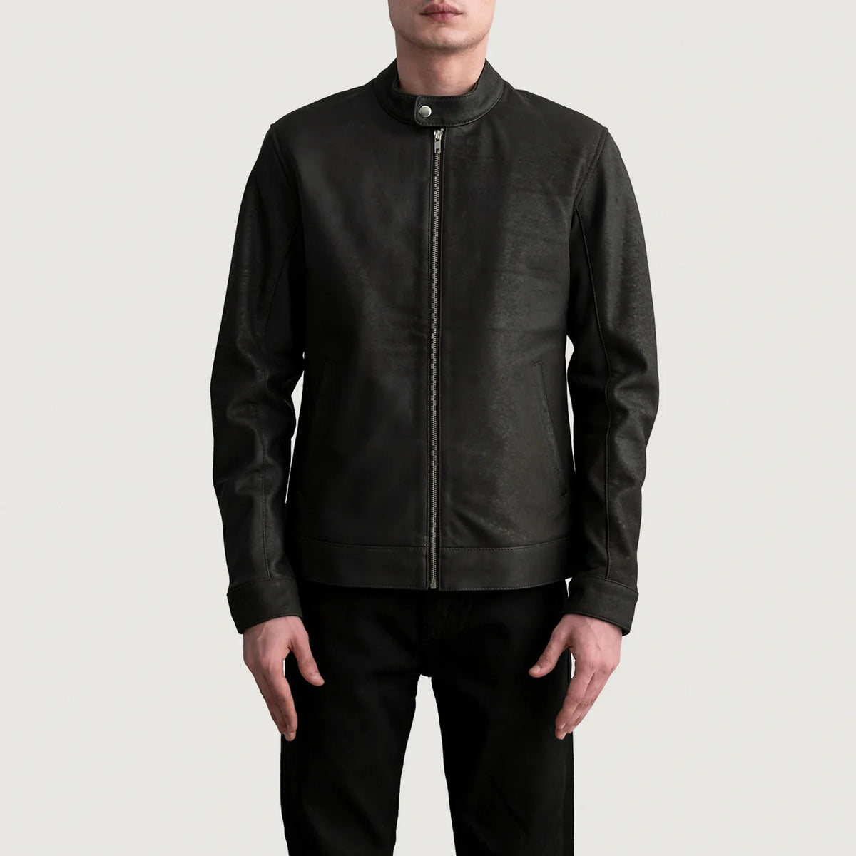 Zen Tumbled 棕色 真皮机车夹克 男士 - Lateral Side Profile View Showing Sleeve Cut &amp; Athletic Taper Fit