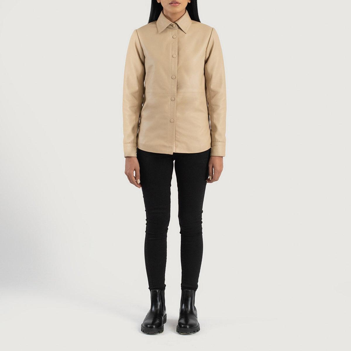 
Zenith Shirt 真皮夹克 女士 - 展现立体袖型与合身版型的侧身视角