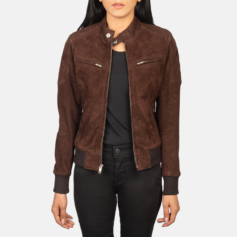 
Zenna Mocha Suede Bomber Jacket in Brown Goat Suede - 正面版型与定制立体剪裁轮廓 | 官方商城选购